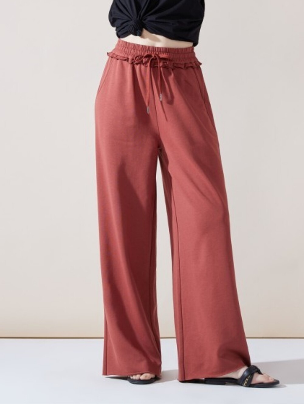 A7-0614 Beachy Wide-Leg Cotton blend Drawstring Pants - Rust/Brick